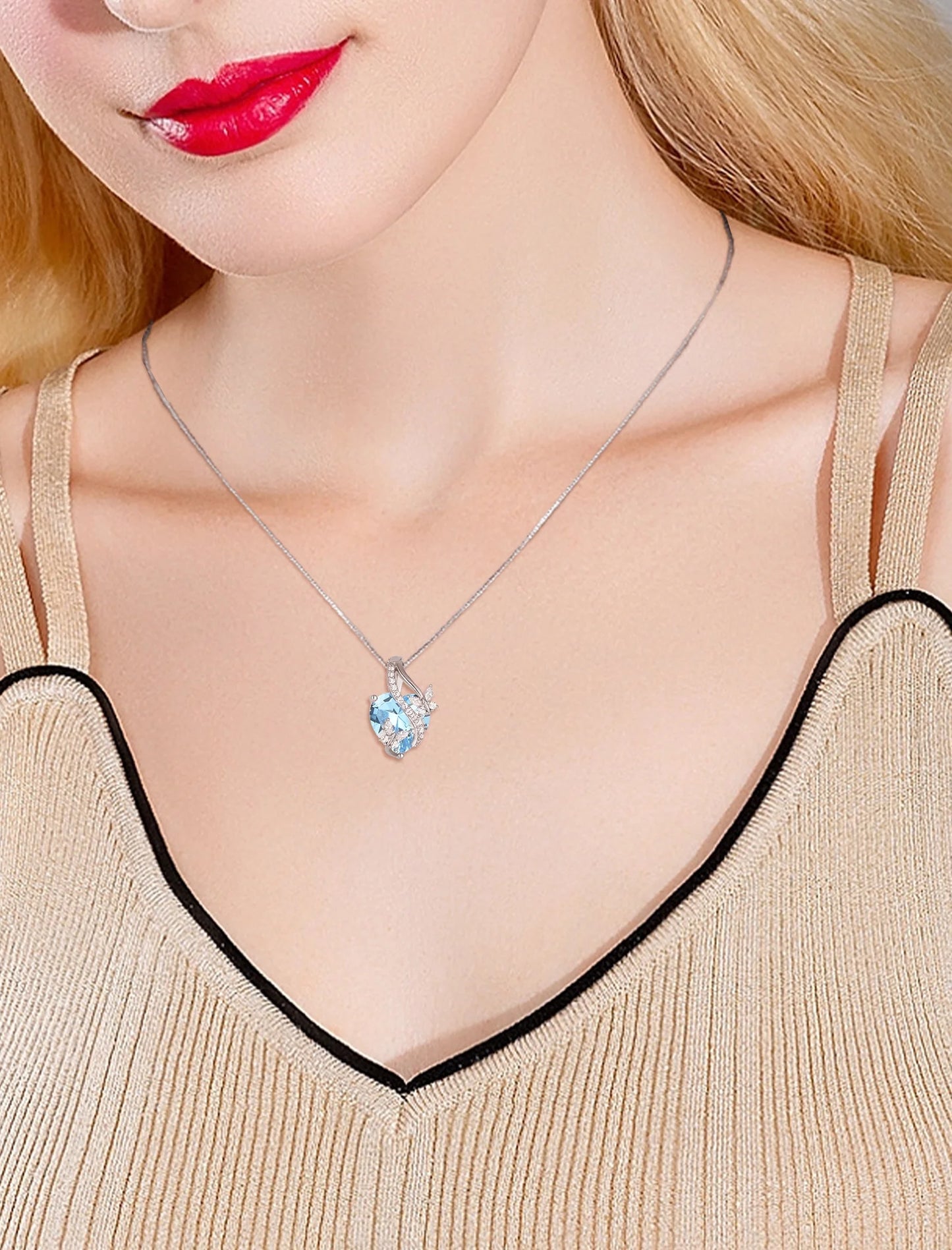 Infinite Heart Pendant Sterling Silver Butterfly Necklace for Women Jewelry Gift with Birthstone March Created Aquamarine