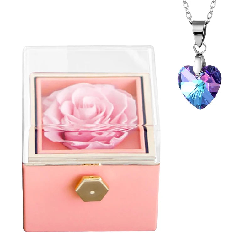 Gifts for Girlfriend Rotating Eternal Rose Gift Box Necklace Set Preserved Flower Jewelry Box for Valentine Christmas Birthday