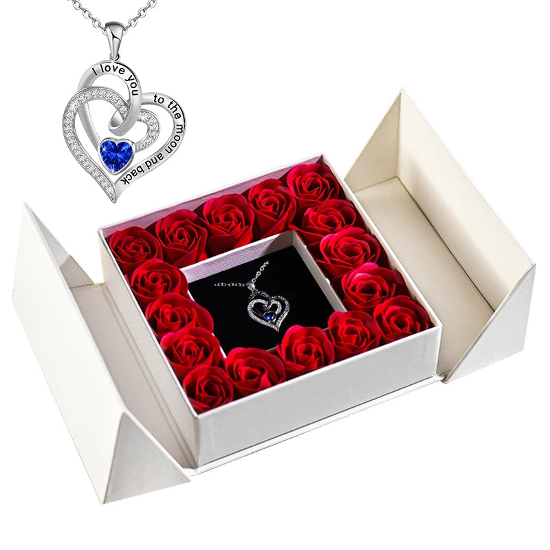 Eternal Flower Jewelry Box W Blue Crystal Heart Necklace Pendant Soap Rose Gift Box Wedding Jewelry Gift for Women Girfriend Mom